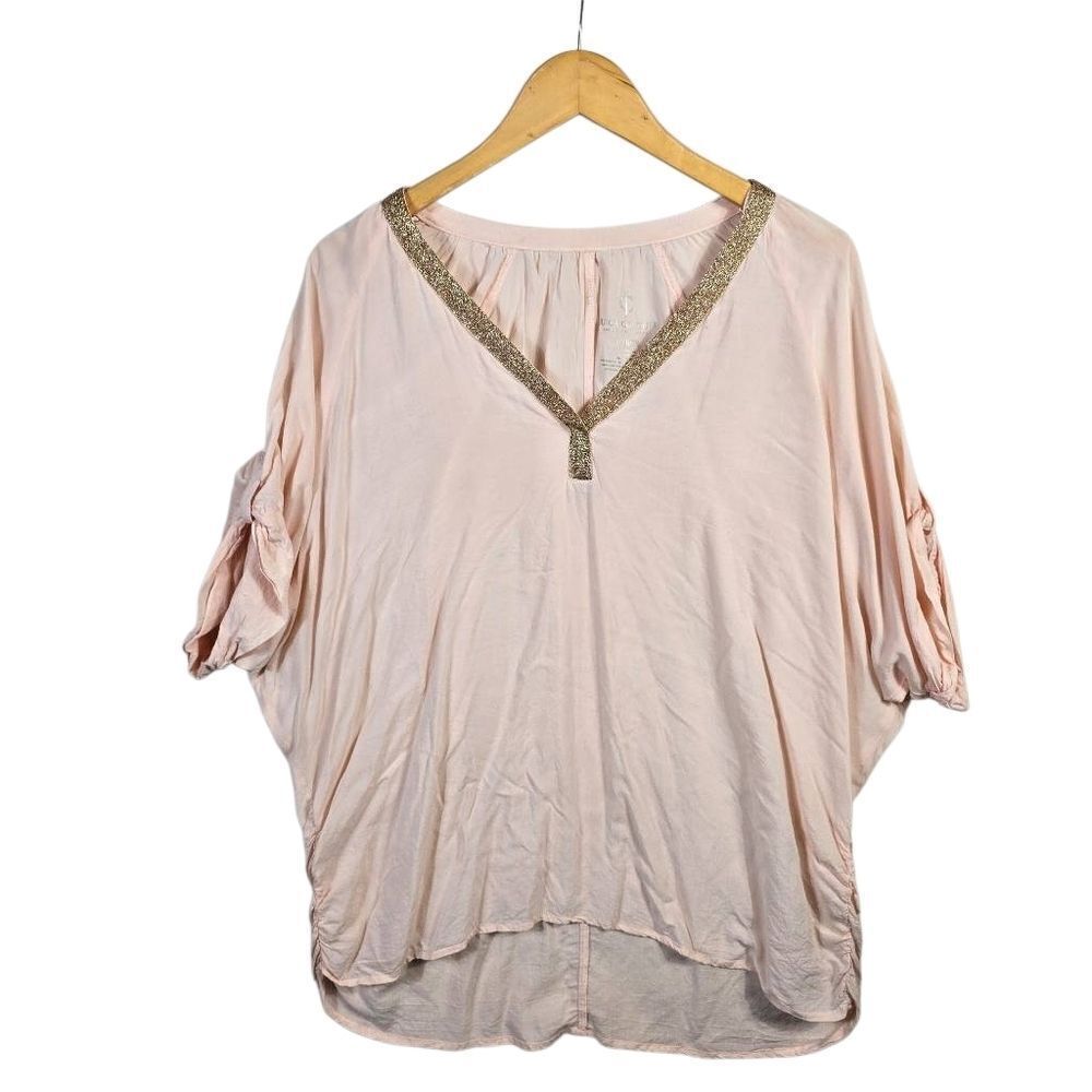 Juicy Couture Blush Pink Blouse with Gold V-Neck